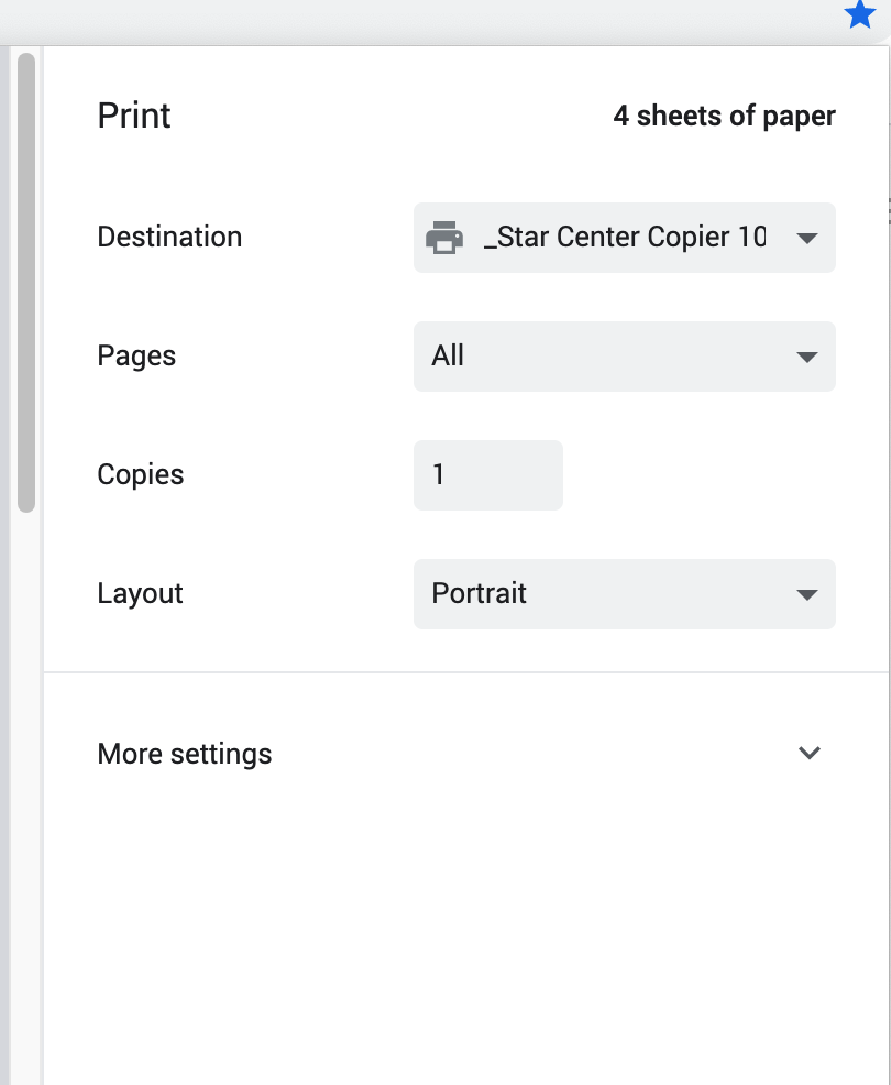 Print 4 sheets of paper Destination _Star Center Copier 10 Pages All Copies 1 Layout Portrait More settings